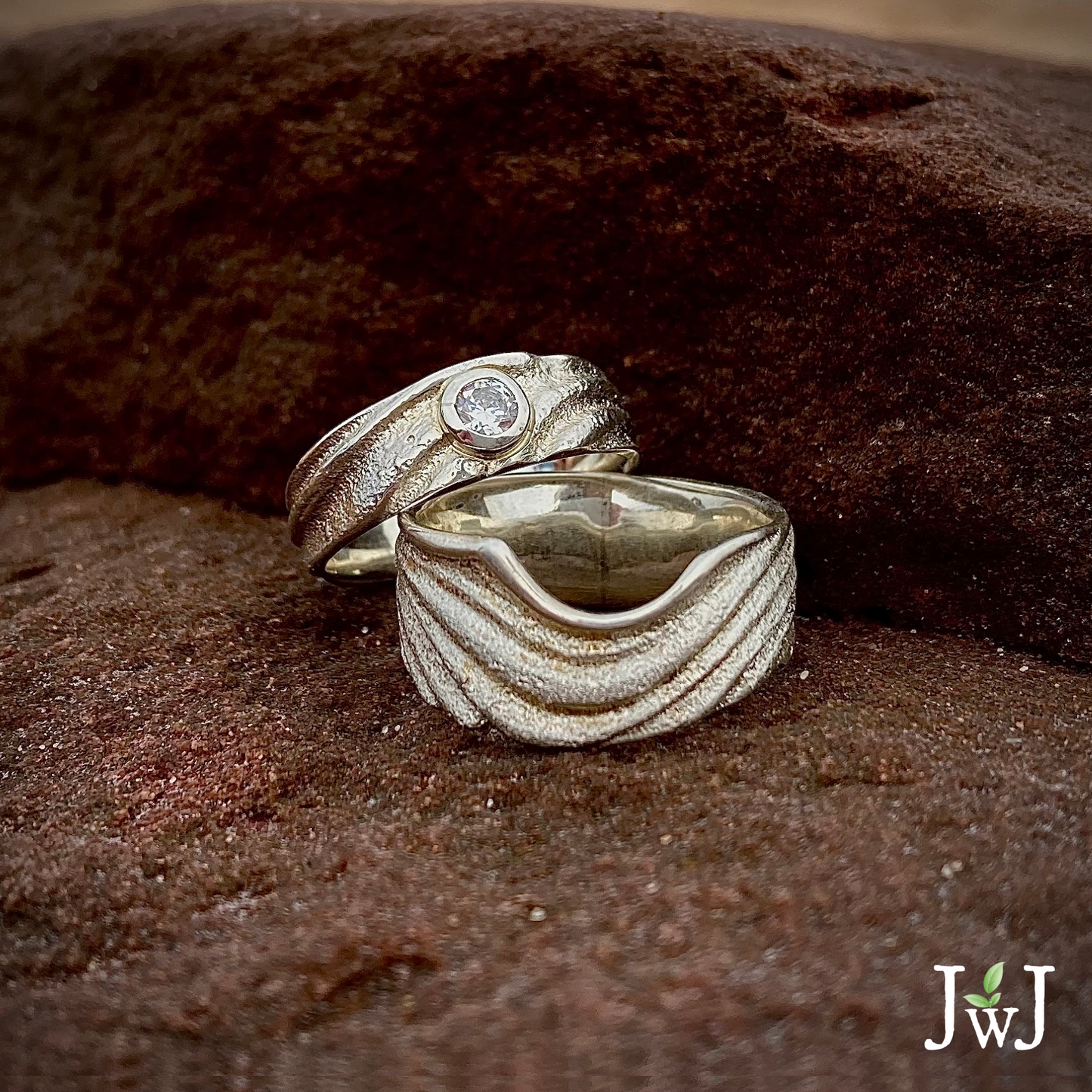Ocean Inspired Sand Wave White Gold Wedding Rings