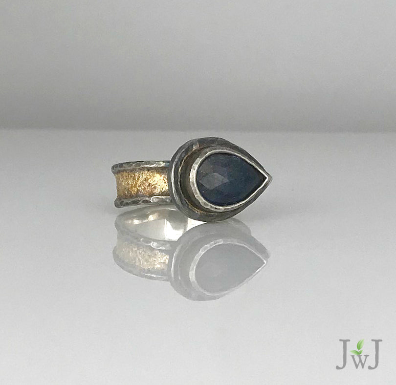 Pear shaped Blue Sapphire Gold dusted Ring