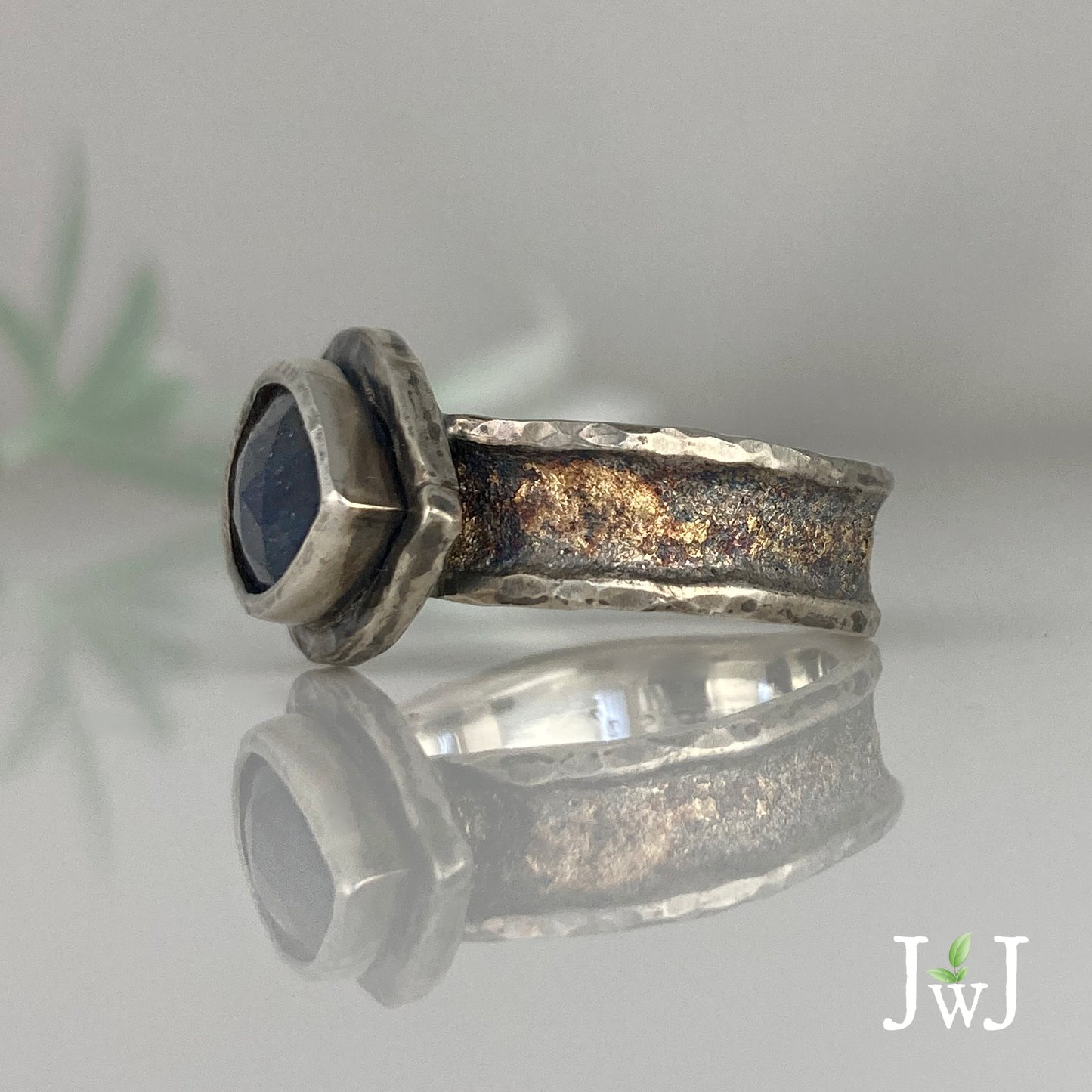 Pear shaped Blue Sapphire Gold dusted Ring