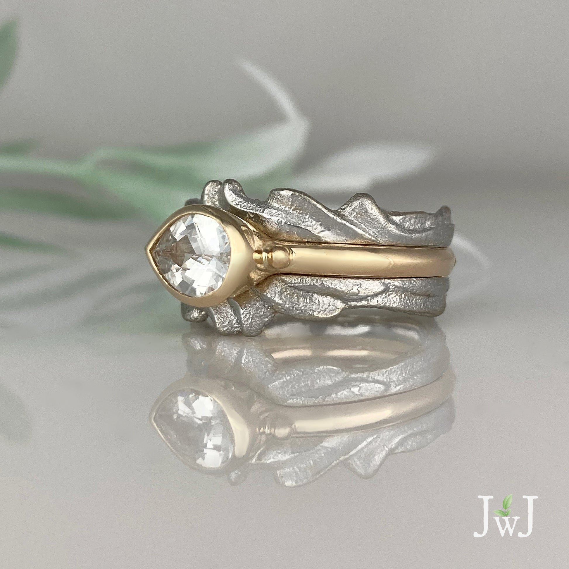 White Sapphire Wedding Ring Set Recycled Gold Stacking Rings Recycled Diamonds Eco Jewellery