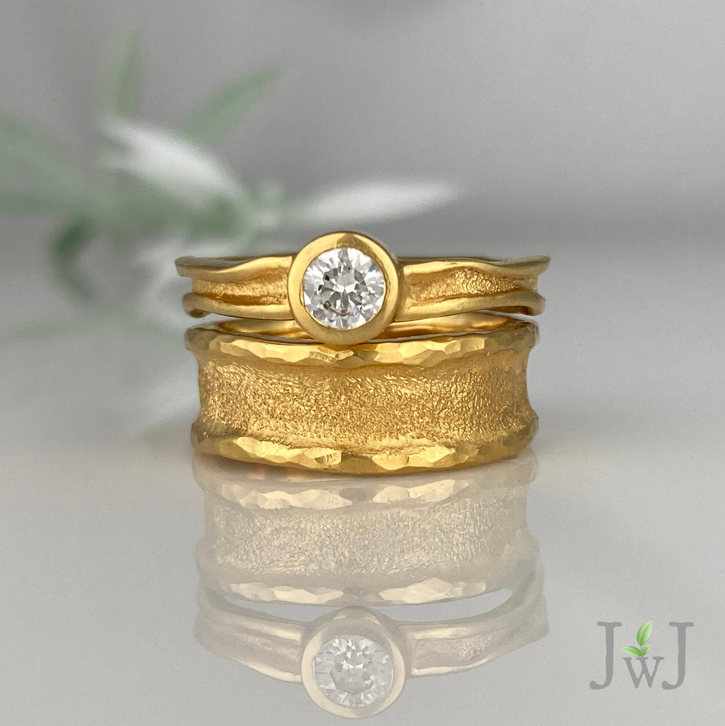 Ancient Sands wide sandcast gold wedding band set 