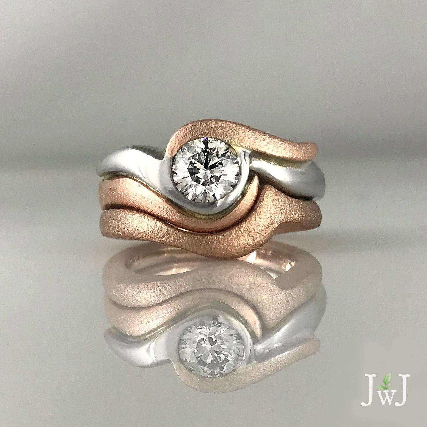 Red Shore Waves Diamond Ocean Inspired Wedding Band Set Rose Gold recycled Diamond Recycled Gold Eco Jewellery Engagement Ring