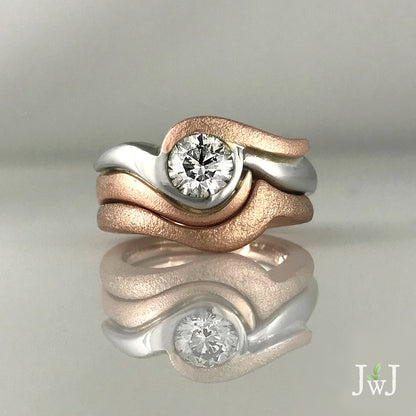 Red Shore Waves Diamond Ocean Inspired Wedding Band Set Rose Gold recycled Diamond Recycled Gold Eco Jewellery Engagement Ring