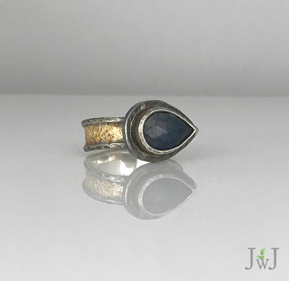 Pear shaped Blue Sapphire Gold dusted Ring