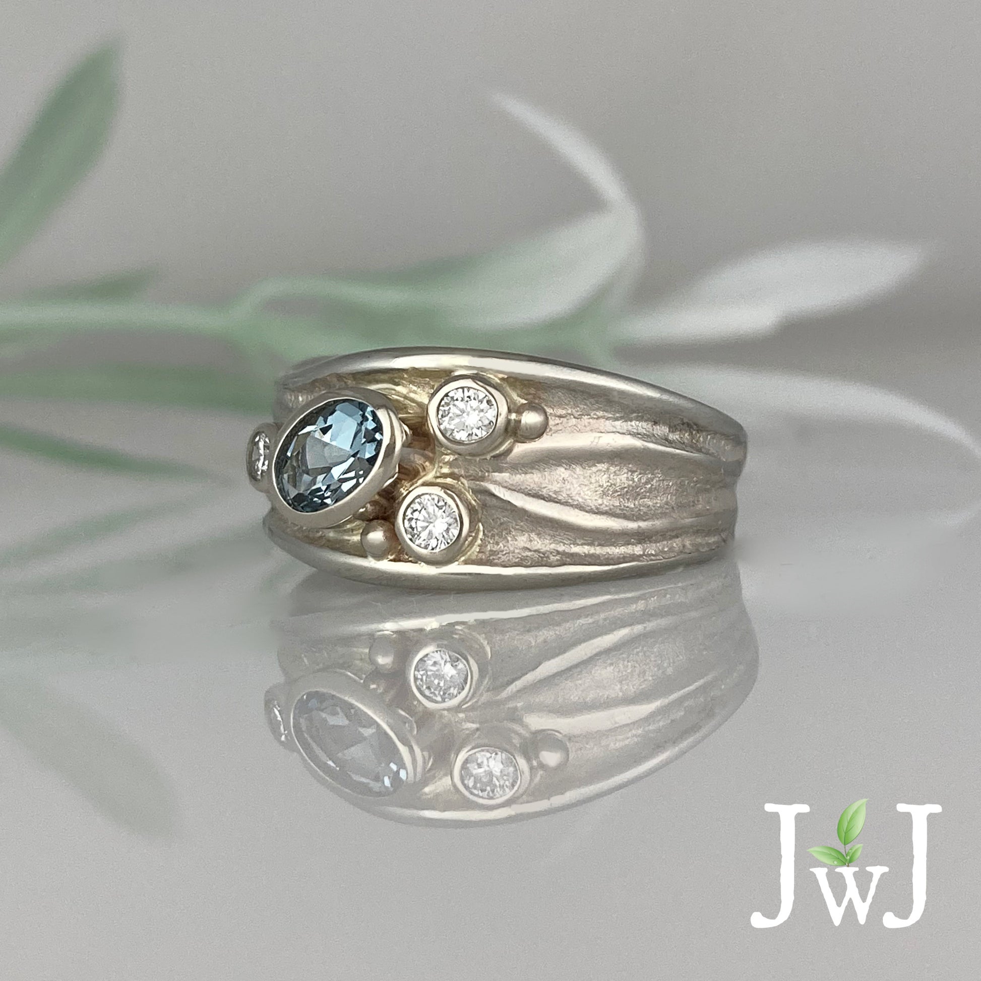 Diamond Aquamarine Sandcast Journey Ring Eco Bridal Jewellery
