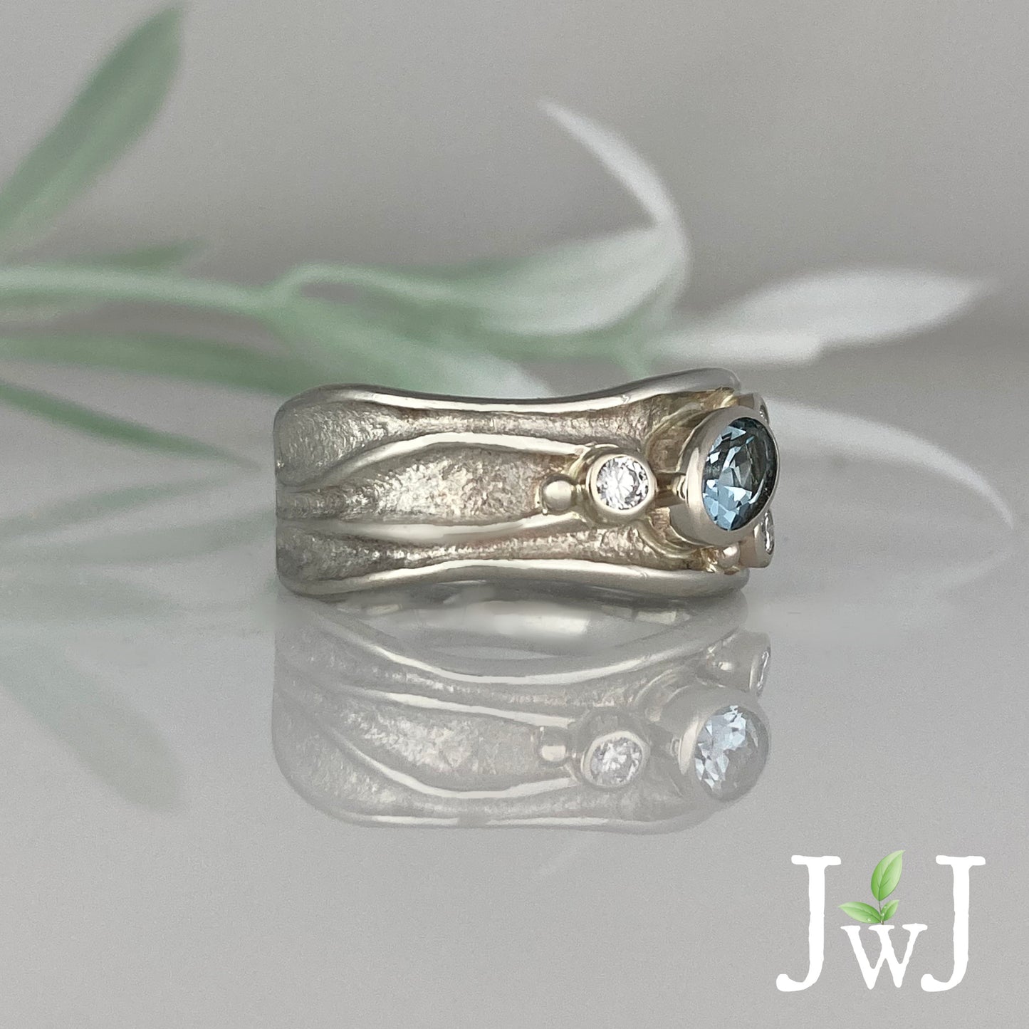 Diamond Aquamarine Sandcast Journey Ring Eco Bridal Jewellery
